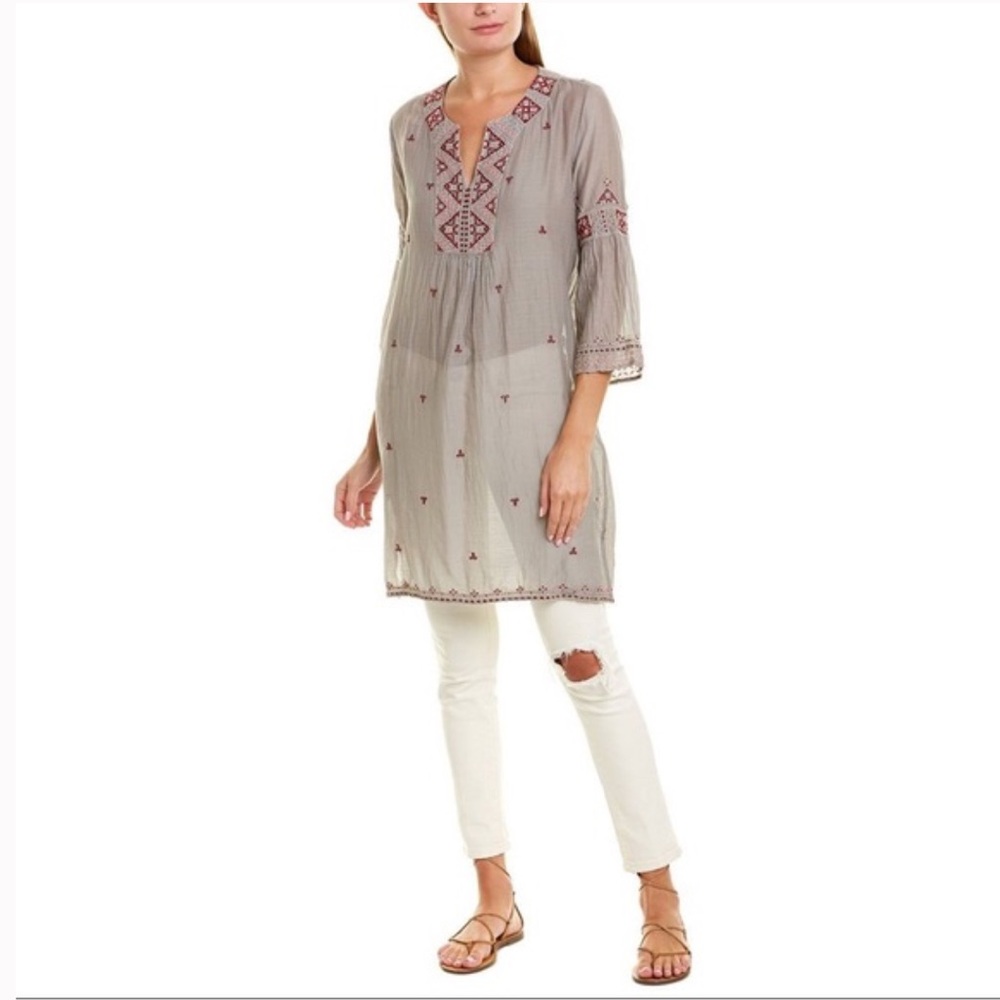 Johnny Was Ava Embroidered 3/4 Sleeve Tunic Cover Up in Cement